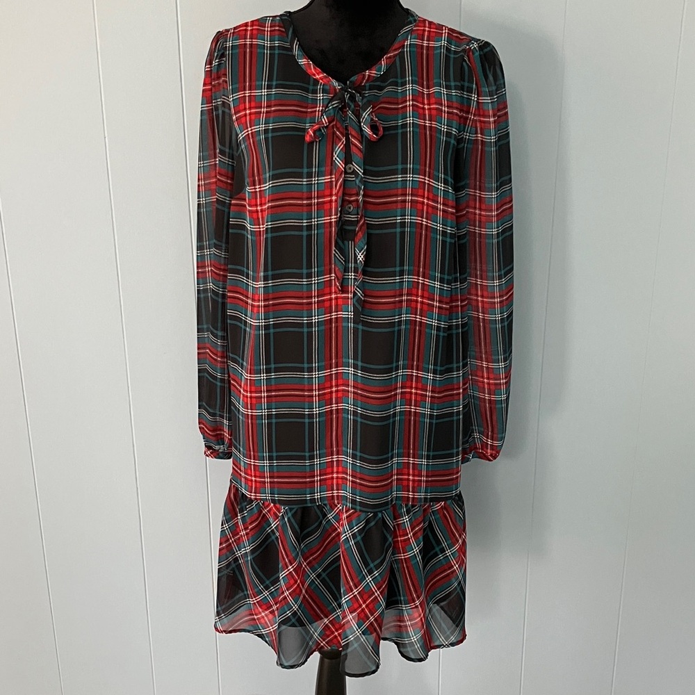 Draper James Drop Waist Plaid Dress Sz M Ruffle Hem Tie Neck Dark Academia Twee